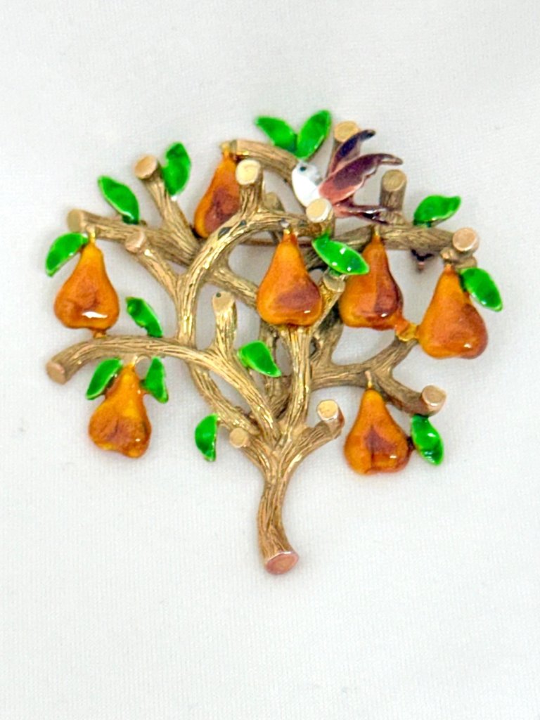 Rare Cadoro Partridge In A Pear Tree Enameled Brooch/Pin